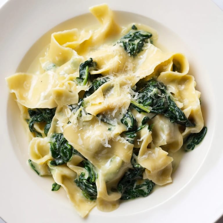 Creamy Spinach Garlic Noodles plated over a dark surface, garnished with fresh parsley and extra Parmesan cheese.