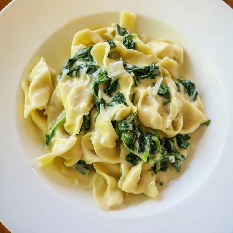 A skillet of Creamy Spinach Garlic Noodles with wilted greens and steam rising, ready to serve immediately.