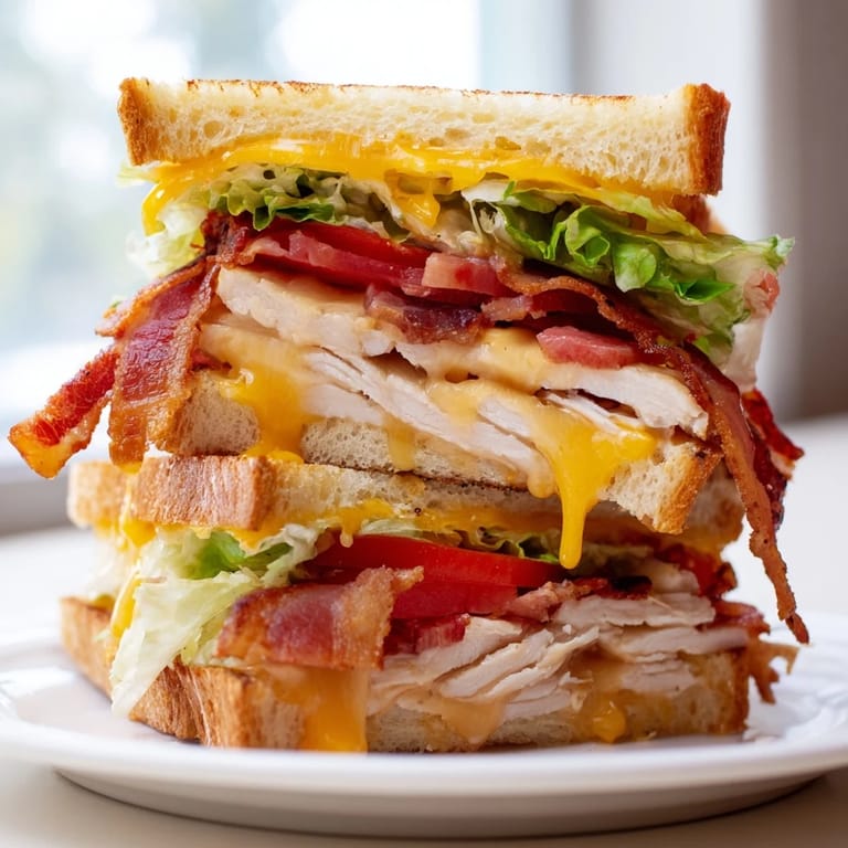 This turkey club grilled cheese sandwich sits beside a small ramekin of tangy dipping sauce.