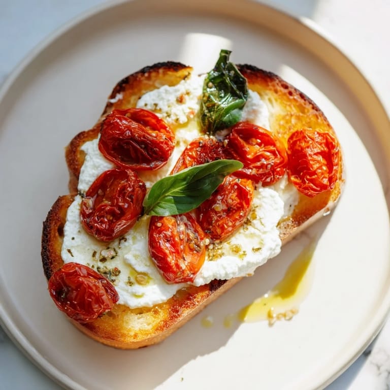 Golden sourdough slices spread with lemon-herb ricotta, topped with warm, caramelized cherry tomatoes and fresh basil.