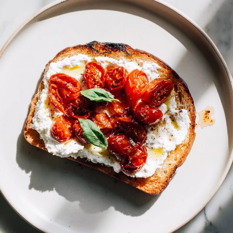 A rustic Tomato Ricotta Toast featuring juicy roasted tomatoes, flaky sea salt, and a drizzle of extra-virgin olive oil.