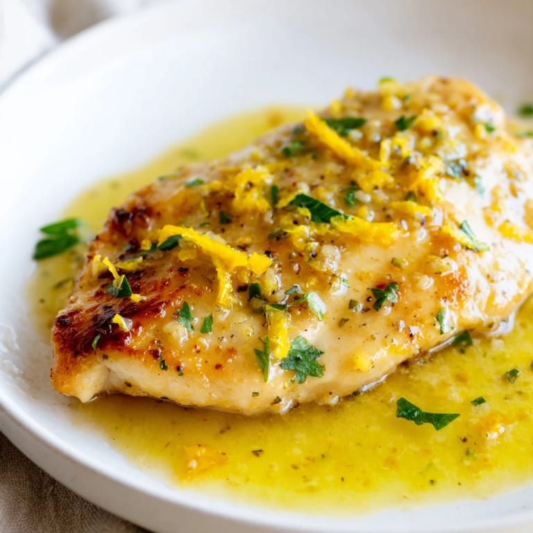 Close-up of tender Lemon Pepper Chicken topped with melted butter, zesty lemon zest, and freshly cracked black pepper.