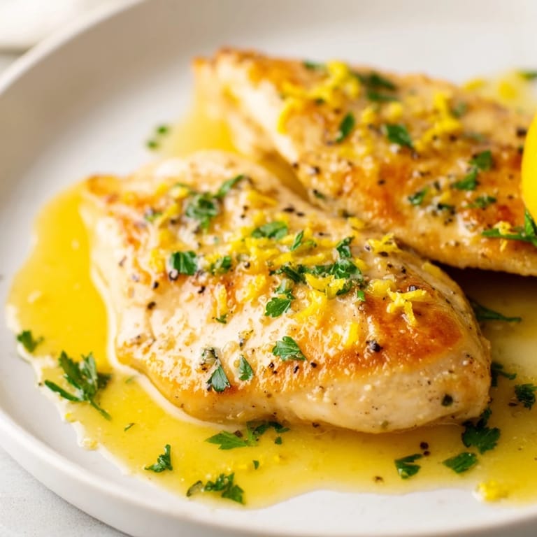 Sizzling skillet of Lemon Pepper Chicken, garnished with chopped parsley, served alongside fluffy rice and a green salad.