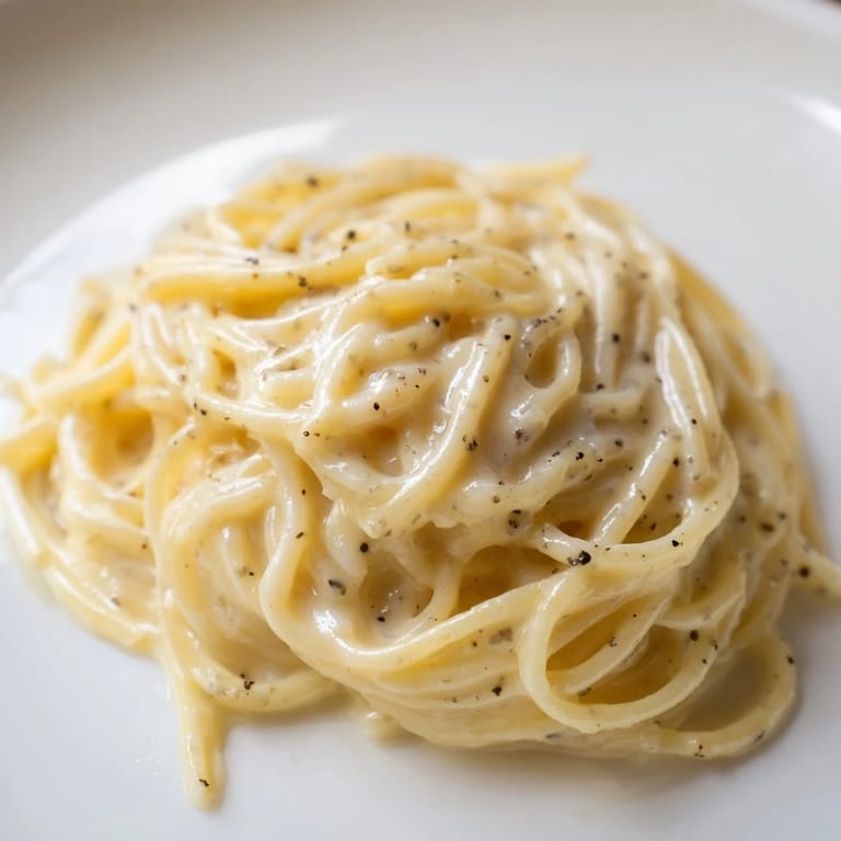 Fork twirls of al dente Spaghetti Cacio e Pepe served hot with extra grated Pecorino and pepper.