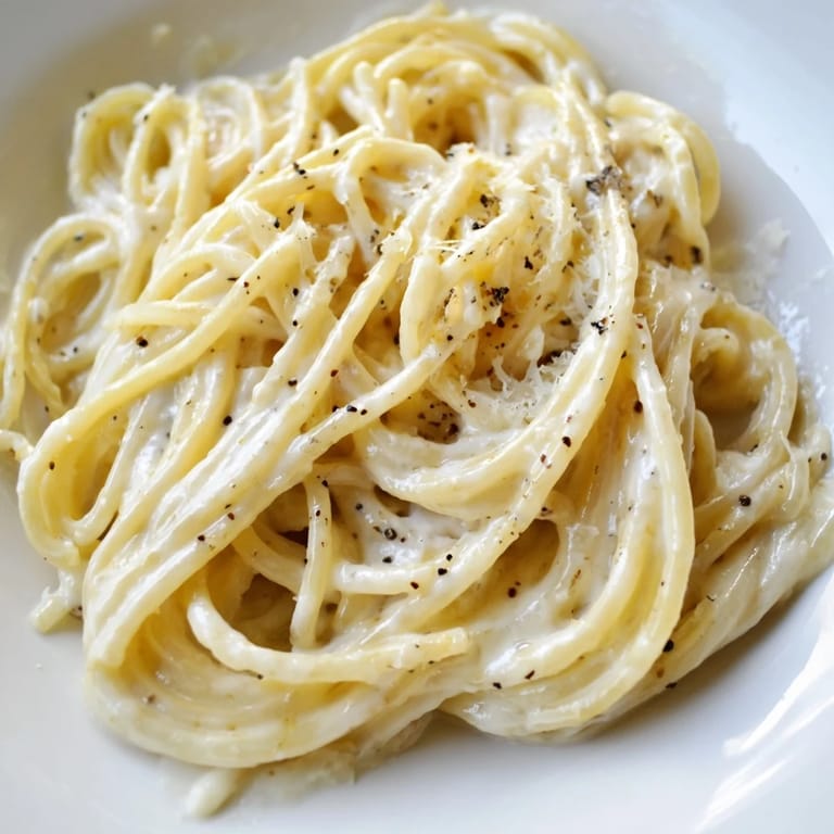 Close-up of a bowl of Spaghetti Cacio e Pepe, highlighting creamy cheese and freshly cracked pepper seasoning.