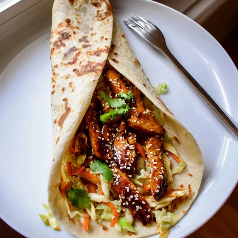 A close-up of a Teriyaki Chicken Wrap reveals toasted sesame seeds and fresh cilantro on warm, satisfying Japanese fusion flavors.