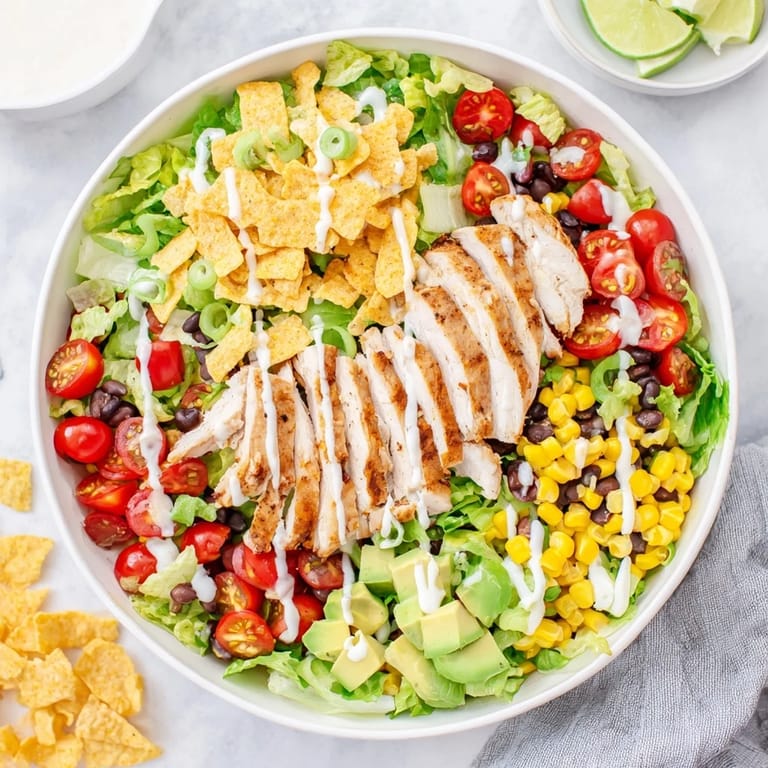 Hearty Tex-Mex Crunchy Taco Chicken Salad with black beans, corn, and shredded cheese ready to serve.