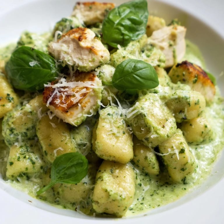 A close-up of Creamy Pesto Gnocchi with Chicken, highlighting the velvety sauce clinging to tender gnocchi and savory chicken.