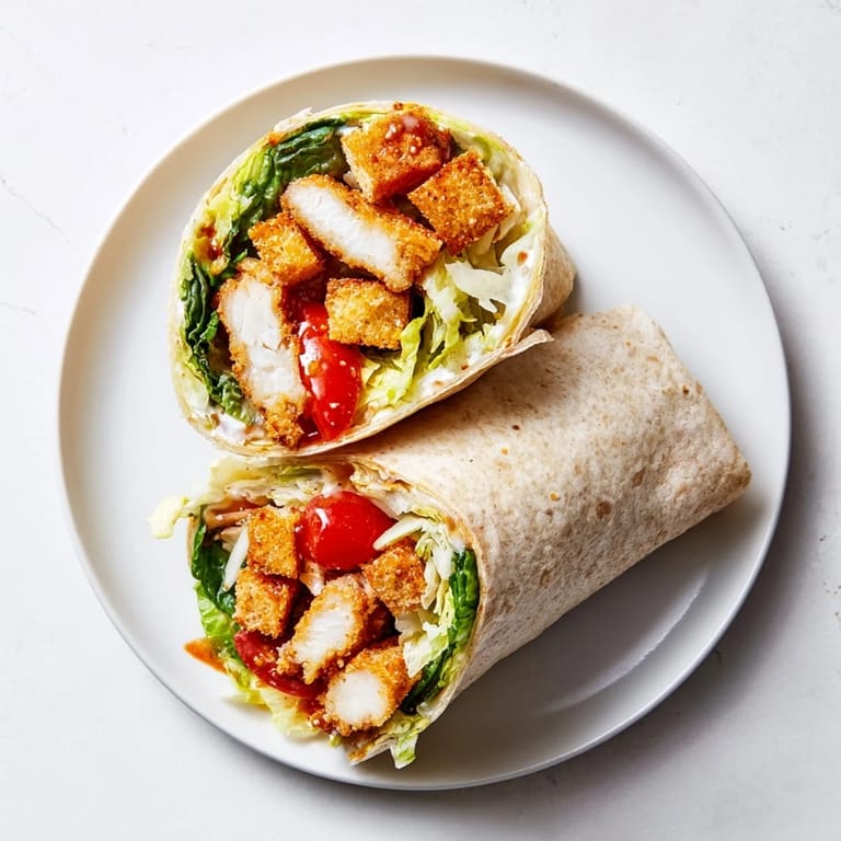 A handheld Hot Honey Chicken Caesar Wrap cut in half, revealing creamy Caesar salad and golden chicken inside.  