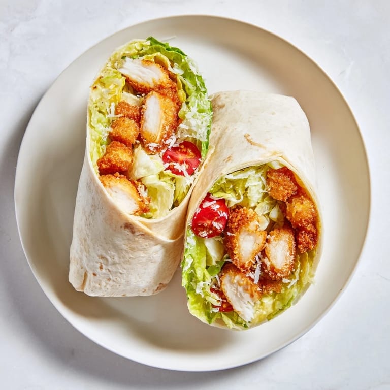 Freshly assembled Hot Honey Chicken Caesar Wrap on a rustic wooden board, drizzled with extra hot honey sauce.