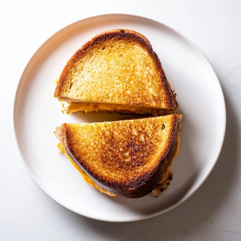 A close-up of the perfect Triple Cheese Sourdough Grilled Cheese, highlighting the buttery, golden crust and gooey, stretchy cheese filling.