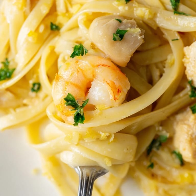 Golden seared chicken and pink shrimp mingle with al dente linguine in a zesty, garlic butter lemon sauce.