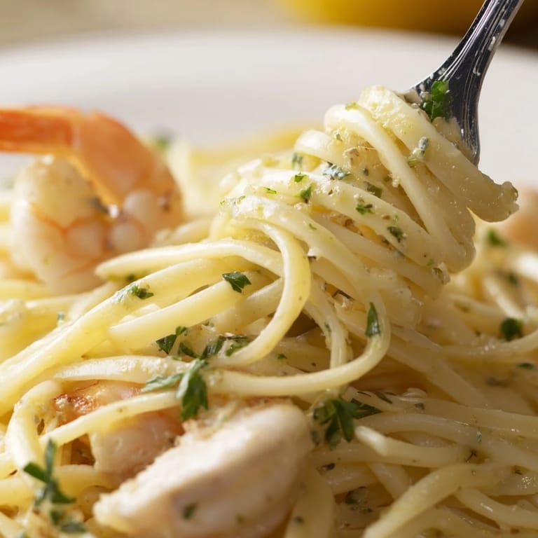 A vibrant bowl of lemon garlic shrimp & chicken pasta garnished with lemon wedges and red pepper flakes.