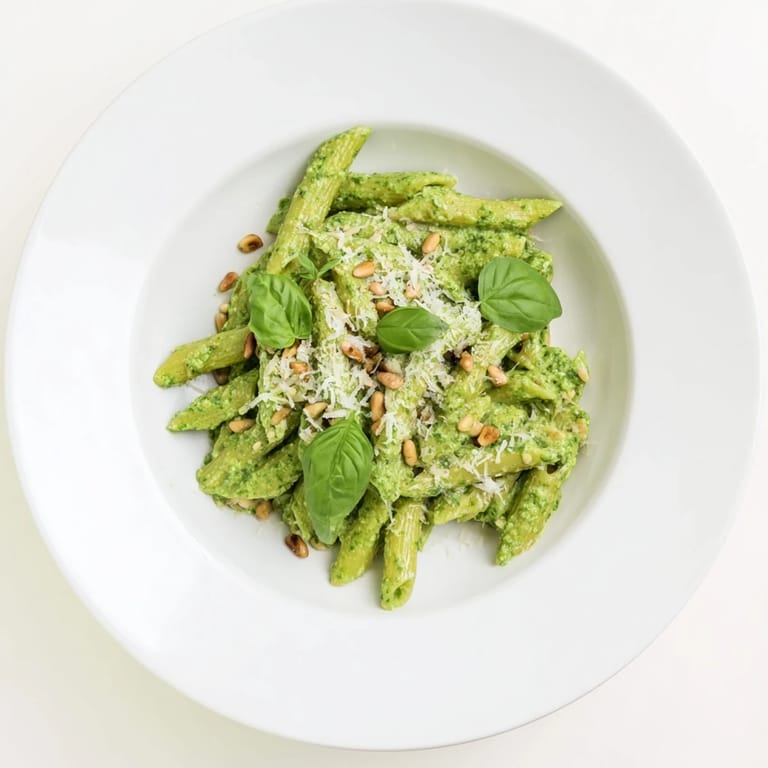 Close-up of Creamy Sunflower Seed Pesto Pasta with vibrant green pesto sauce and golden toasted sunflower seeds.