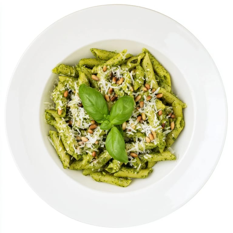 Bowl of Creamy Sunflower Seed Pesto Pasta garnished with grated Parmesan, ready to serve at dinner.