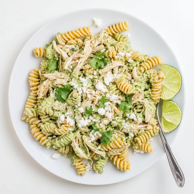 Hearty, high-protein cilantro lime chicken pasta served in a white bowl with lime wedges and extra cilantro on the side.