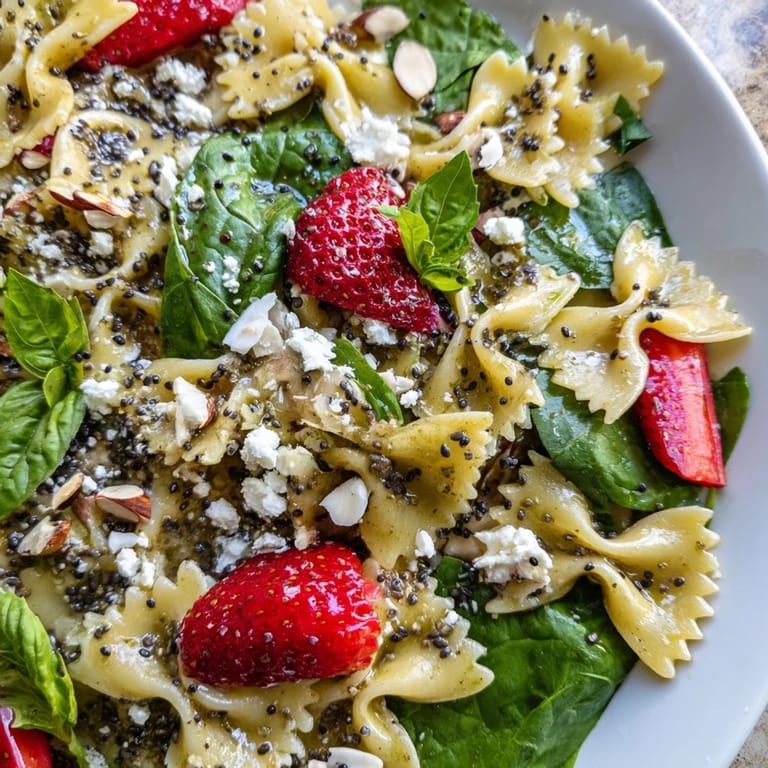This refreshing Spring Spinach Strawberry Pasta Salad is served chilled with creamy feta and fresh basil, perfect for a sunny picnic or light summer lunch.  
