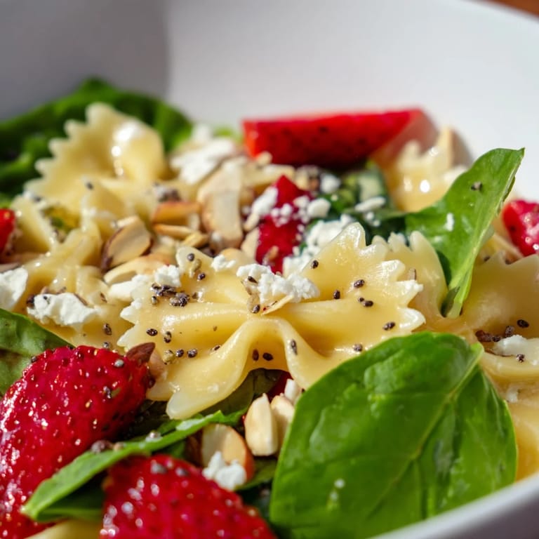 A colorful bowl of Spring Spinach Strawberry Pasta Salad combines al dente pasta, sweet strawberries, and baby spinach, ready for a quick 25-minute vegetarian meal.