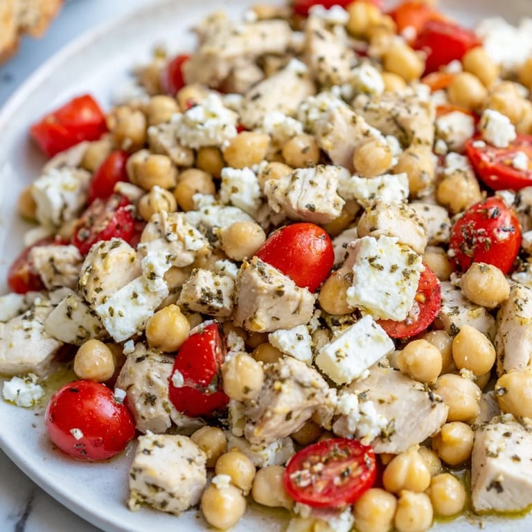 Fresh Mediterranean Chickpea Chicken Salad featuring juicy chicken, crisp veggies, and briny Kalamata olives tossed in lemony dressing.