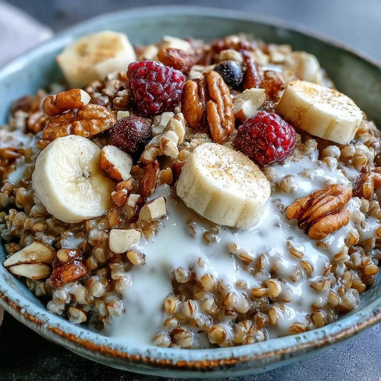 Serving of Buckwheat Groats Breakfast with creamy milk, diced fruit, and chopped walnuts on a rustic table.