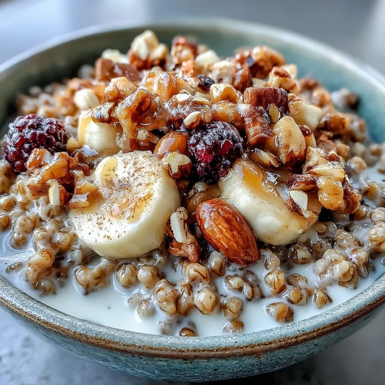 Healthy Buckwheat Groats Breakfast with tender groats, sliced bananas, almonds, and a drizzle of maple syrup.