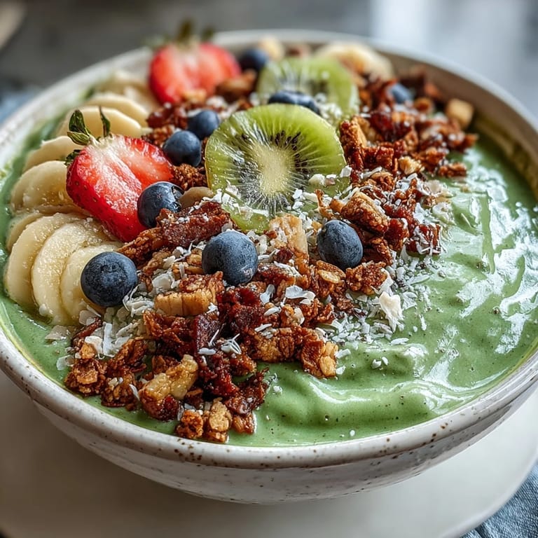 Thick, creamy green smoothie bowl loaded with granola, fresh fruit, and chia seeds.