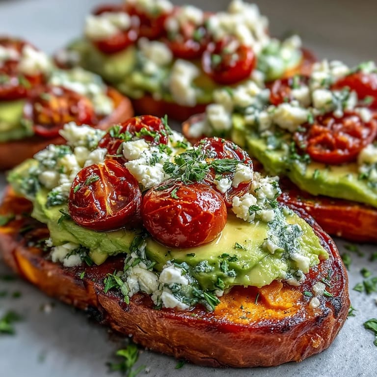 Creamy hummus and crumbled feta cheese garnish these healthy, gluten-free sweet potato toast variations for light meals.