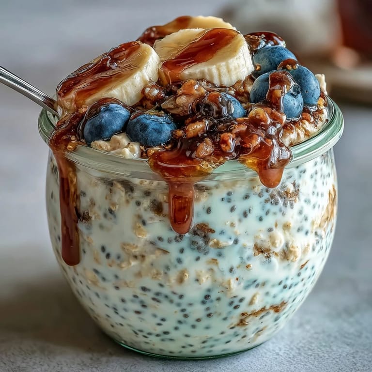 This vegetarian Overnight Oats With Chia Seeds jar is layered with Greek yogurt and topped with crunchy almonds.  