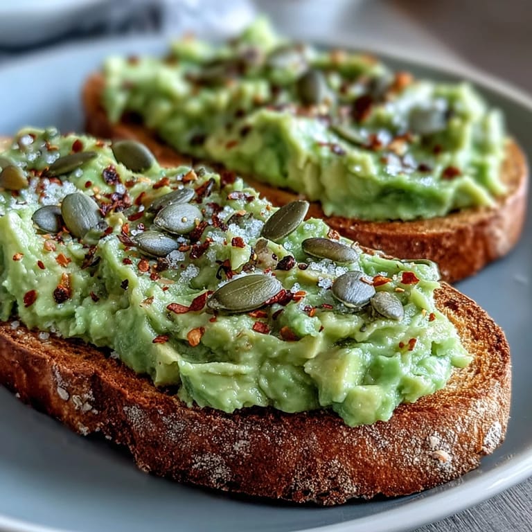 A close-up of vibrant green avocado mash on toasted whole grain bread, garnished with crumbled feta, tomato slices, and red pepper flakes.