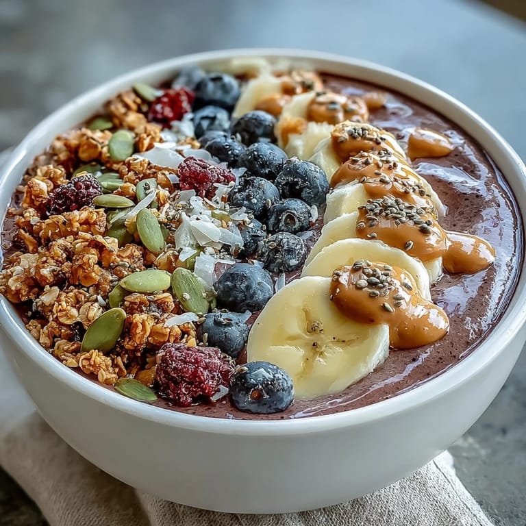A nourishing Acai Berry Smoothie Bowl topped with chia seeds, coconut flakes, and almond butter drizzle, served chilled.