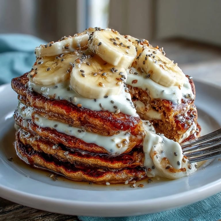Freshly cooked Protein Power Pancakes sizzle on a griddle, fluffy and golden, ready to serve with Greek yogurt.  