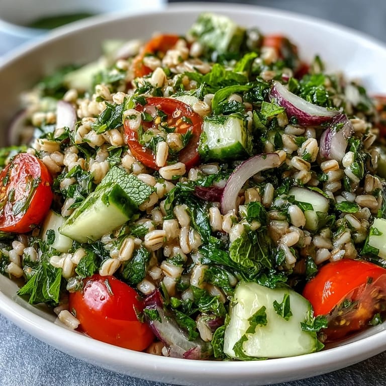 Freshly tossed Barley and Herb Salad with nutty pearl barley, diced red onion, and vibrant herbs, ready to serve as a light Mediterranean lunch.