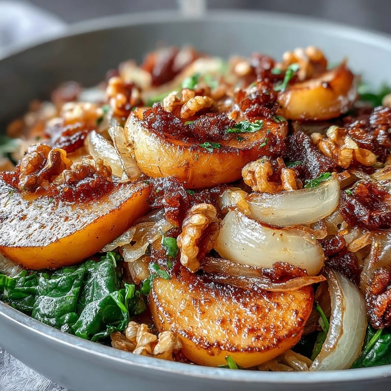 A skillet of Warm Apple and Sauerkraut Salad garnished with toasted pecans, fresh parsley, and wilted greens.