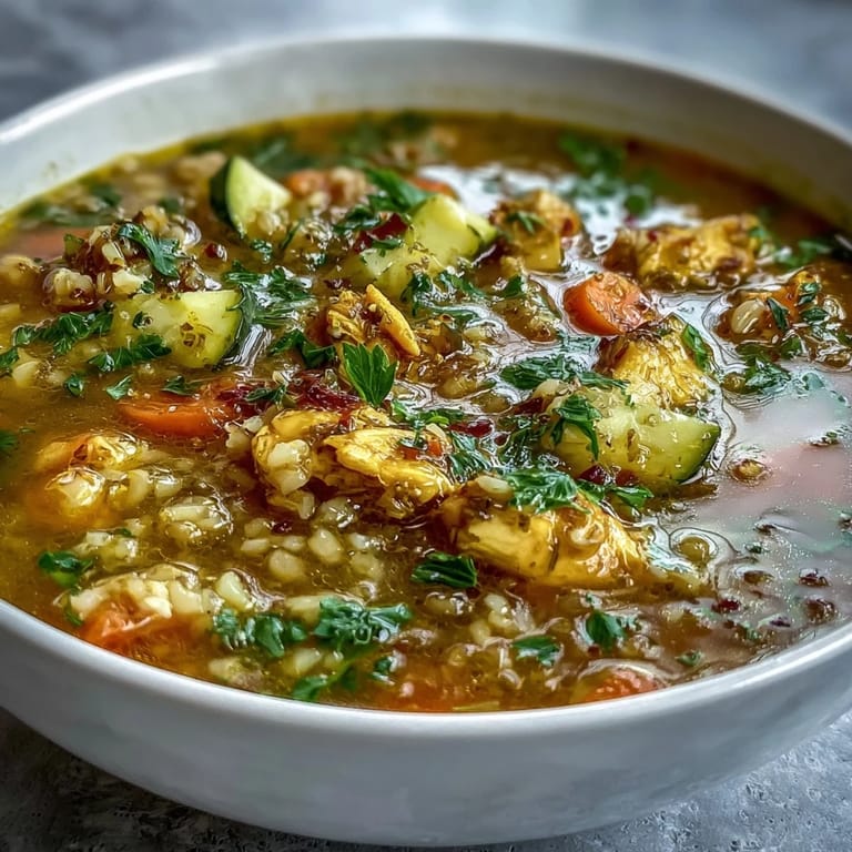 Serving suggestion for Soothing Turmeric Chicken With Pearl Barley, paired with crusty bread and a lemon wedge.