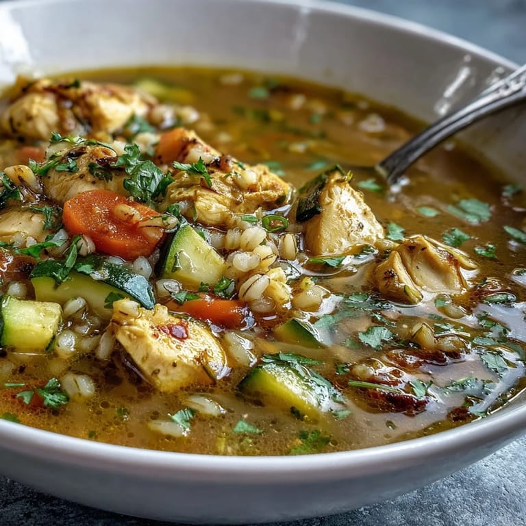 A close-up of tender chicken and pearl barley swimming in a golden, aromatic turmeric broth with carrots.