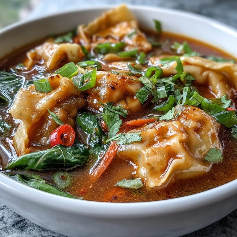 Plump frozen wontons and fresh greens swim in a fragrant, vibrant Red Curry Wonton Soup, ready to serve.