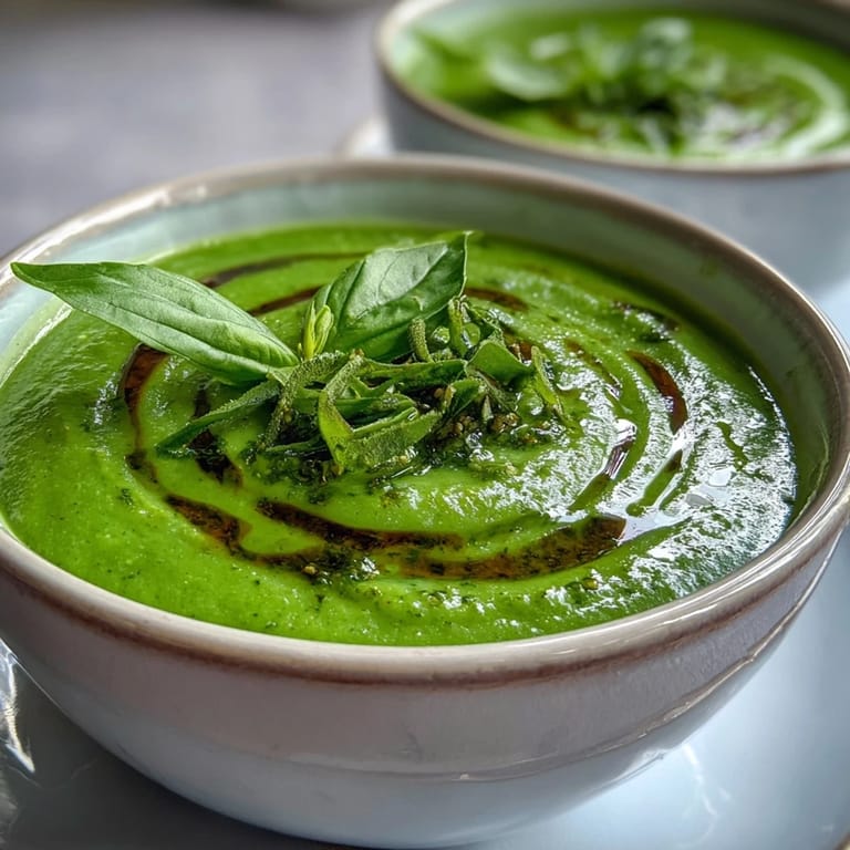 Creamy green Courgette, Pea and Pesto Soup in a white bowl, highlighting the smooth texture and bright spring vegetables for a comforting meal.