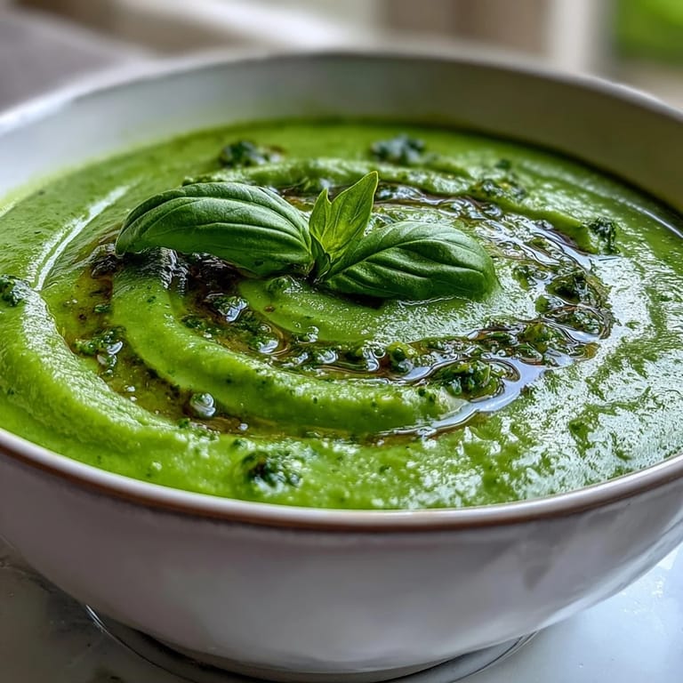 Courgette, Pea and Pesto Soup ladled into a soup bowl with a swirl of pesto and a piece of bread ready for dipping.