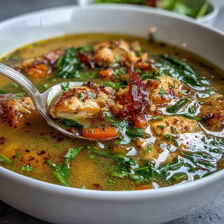 A spoon lifting a ladleful of High Protein Lemon and Turmeric Chicken Soup beside fresh lemon wedges.