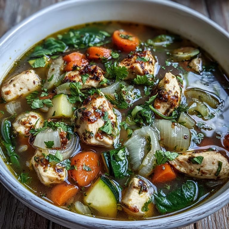 Spooning warm Turmeric Chicken Soup from a pot, served with crusty bread on the side.