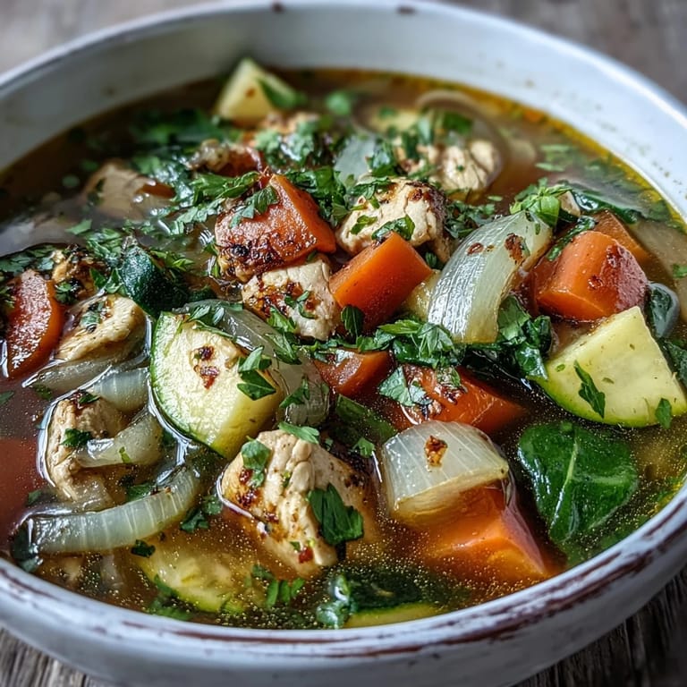 Hearty Turmeric Chicken Soup features tender chicken, zucchini, and wilted spinach in a golden broth.