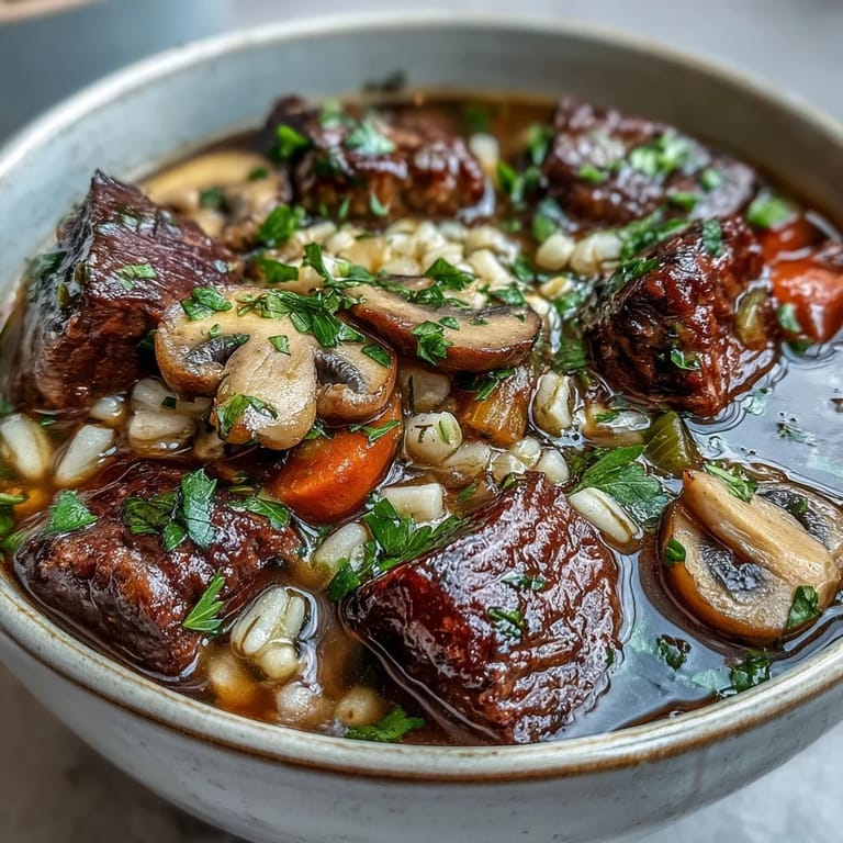 Steaming bowl of hearty Vegetable Beef, Barley, and Mushroom Soup with crusty bread on the side.