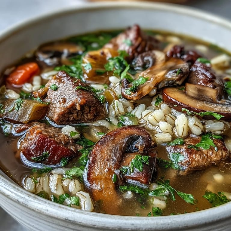 Ladle pouring rich Vegetable Beef, Barley, and Mushroom Soup into a cozy serving pot.