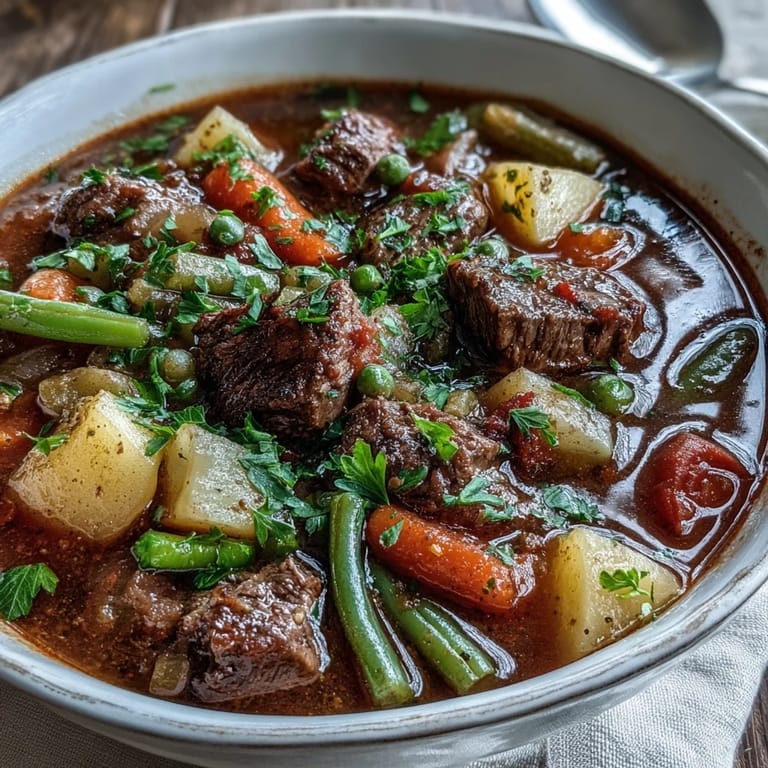 A rustic Dutch oven of Beef and Vegetable Soup is garnished with fresh parsley and served with warm crusty bread.
