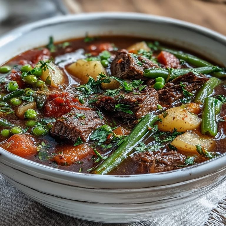 Close-up of hearty Beef and Vegetable Soup showing carrots, potatoes, and green beans in a savory herb-infused broth.