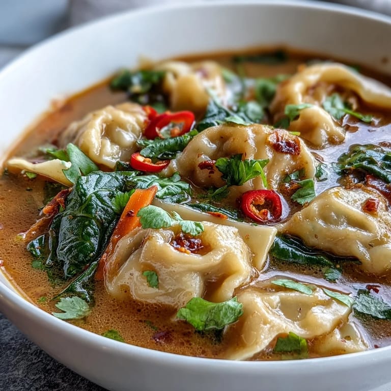 A steaming bowl of Red Curry Wonton Soup garnished with lime, cilantro, and fresh greens for a quick meal.