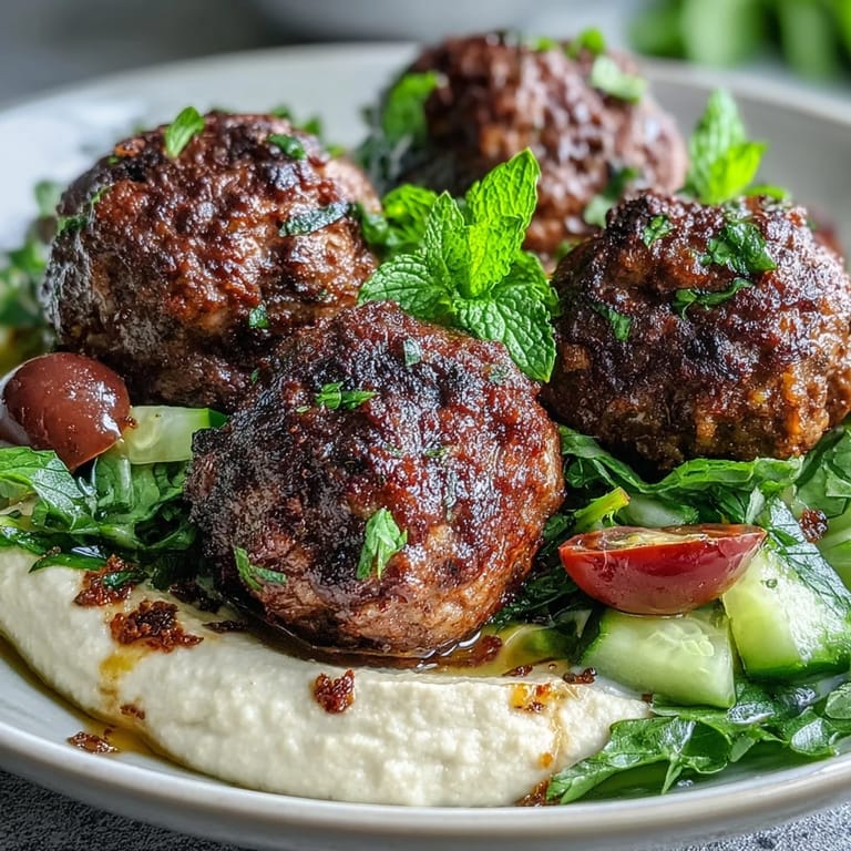 Serving of Venison Meatballs with Spiced Salad and Hummus, arranged on a Mediterranean-style platter for dinner.