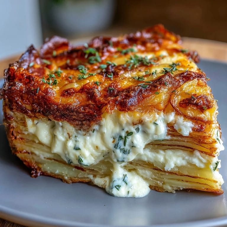 Savory Cheese and Potato Pie featuring layers of thinly sliced potatoes, onions, and rich Gruyère and cheddar.