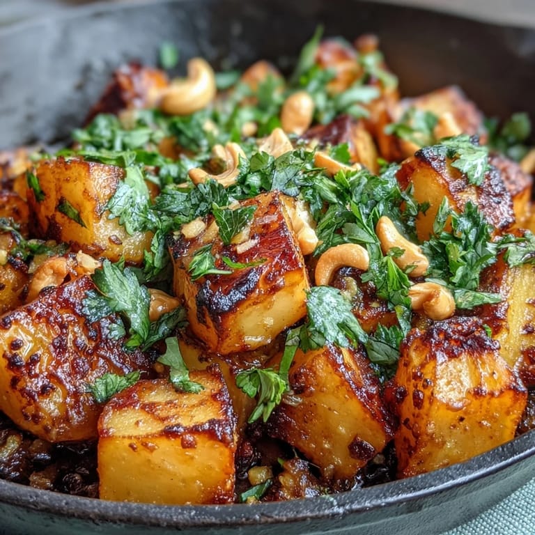 Tender roasted celeriac simmering in a rich, aromatic curry with coconut milk, garnished with toasted nuts and a lime wedge.