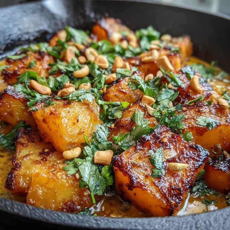 A warm skillet of Curried Celeriac served over fluffy white rice, featuring golden vegetable cubes and a vibrant, creamy sauce.
